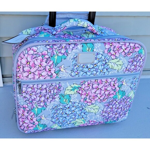 Vera Bradley Softside Rolling Work Bag Happy Hydrangeas Gray Flowers Birds NWT - Picture 1 of 9